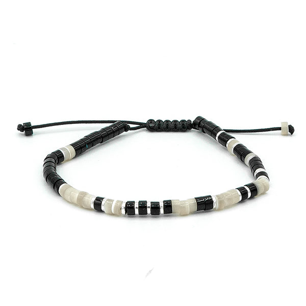 Bracelet Abyss – Macramé Noir, Onyx & Nacre Paloma, Argent Brut